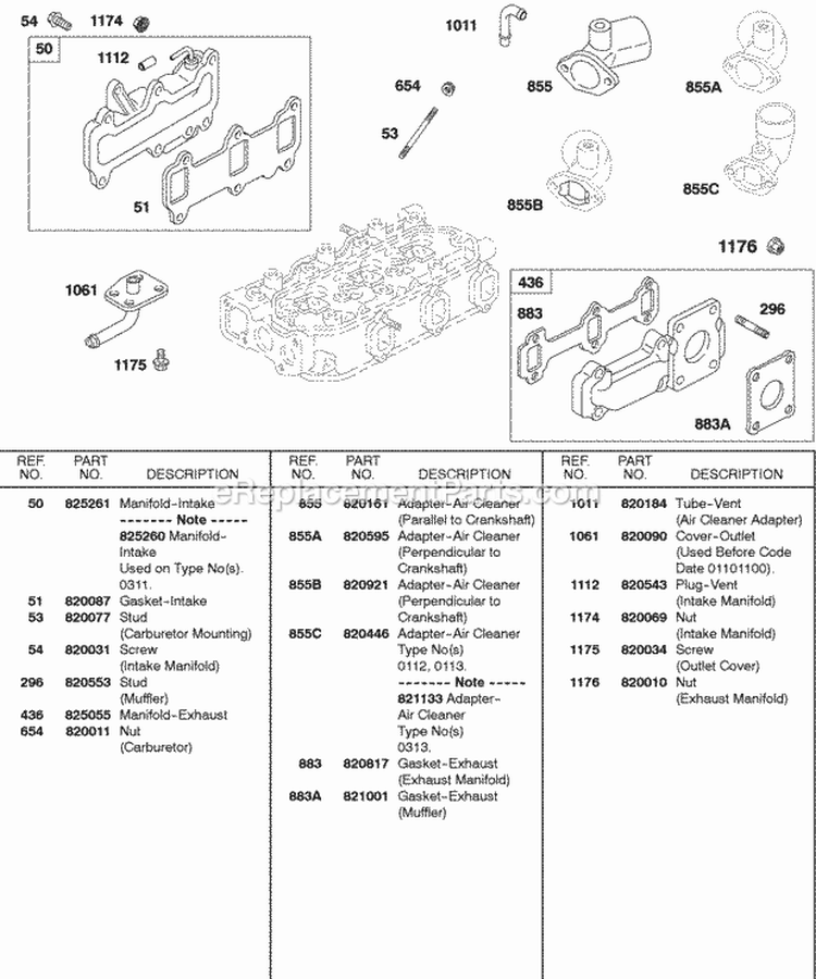 Intake Manifold Exhaust Manifold Diagram and Parts List for 580447-0333-E2  Briggs and Stratton Engine